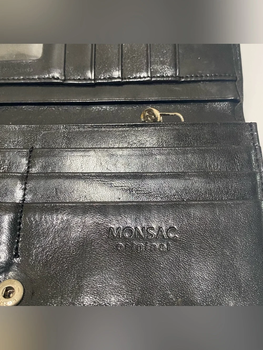 MONSAC Original Black Leather Long Trifold Checkbook Wallet ID Window Snap